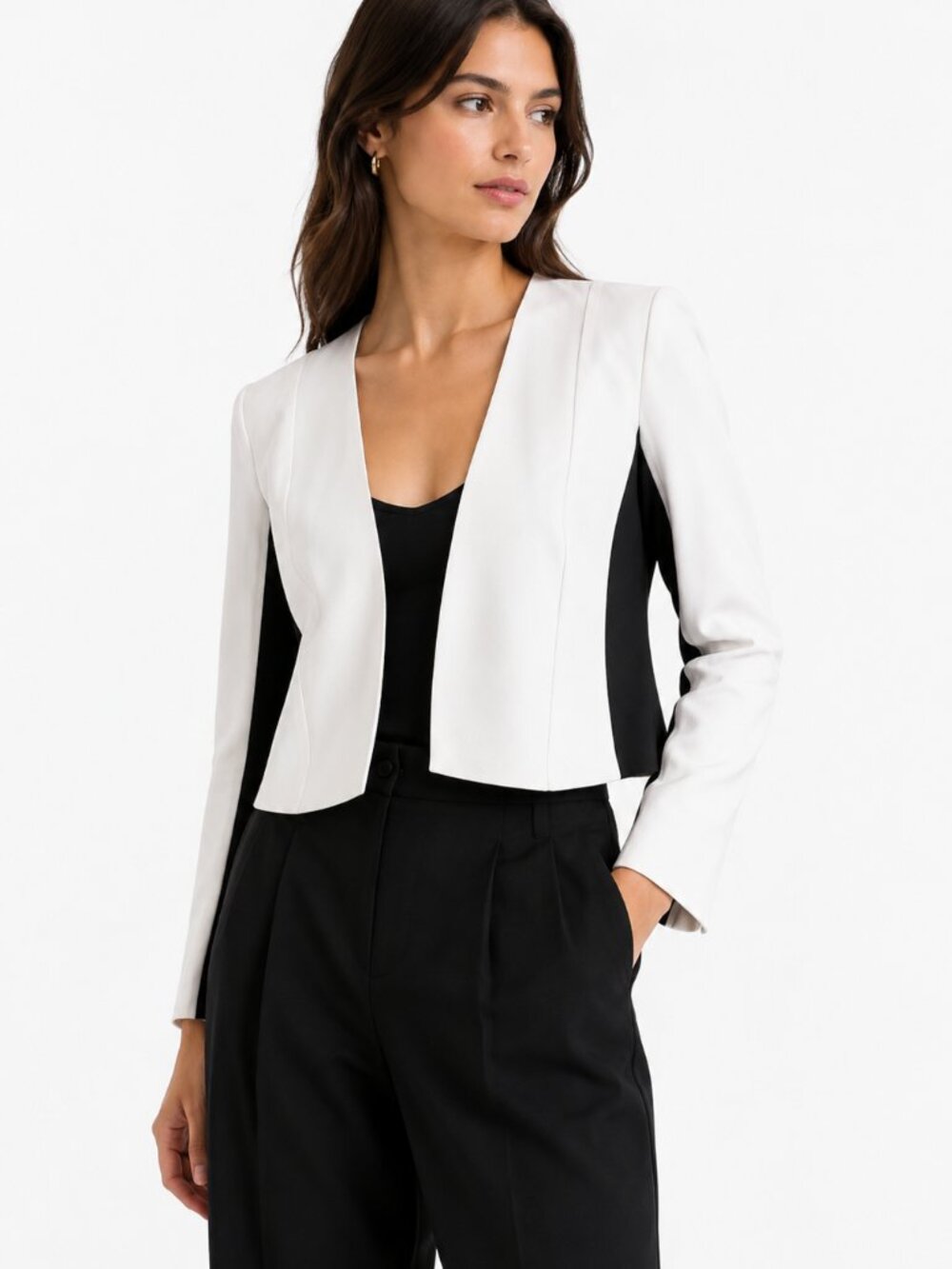 IRIS SETLAKWE SAMPLE WHITE BLACK RIBBED COMBO CROPPED OPEN JACKET - S